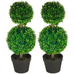 HOMCOM 2 Pcs Artificial Boxwood Ball Topiary Tree 23.5" with Double Ball-Shaped Leaves in Pot Green