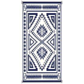 Reversible Outdoor Rug, Waterproof Plastic Straw With Carry Bag, 9 X 18, Blue & White Square Patchwork (Color: Blue)