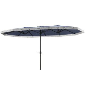 15ft Rectangle Patio Umbrella  Extra Large Outdoor Umbrella With Fringe And Crank Handle, Dark Blue (Color: Dark Blue)