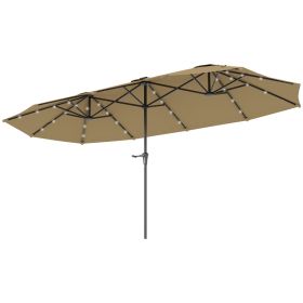 Double-Sided Market Umbrella, Large Patio Umbrella With Solar Lights, Crank Handle For Garden, Pool, Yard, Khaki (Color: Khaki)