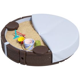 47 Round Kids Sandbox With Cover, 3 Seats, Waterproof Bottom Liner, For Backyard, Lawn, Garden, Beach, Patio, Brown (Color: Brown)
