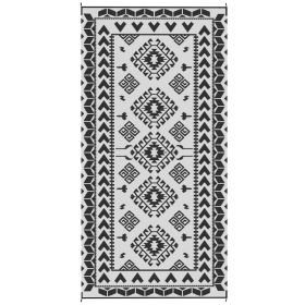 Reversible Outdoor Rug, Waterproof Plastic Straw With Carry Bag, 9 X 18, Black & White Rhombus Patchwork (Color: Black)